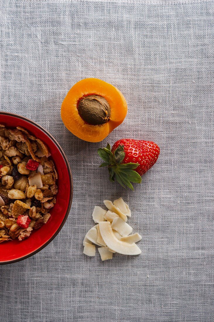 A bowl of muesli next to apricots, strawberries and grated coconut