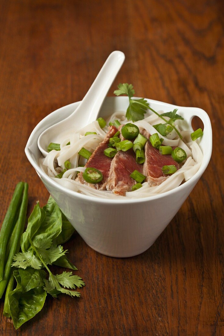 Pho with sliced beef, noodles, onions and chilli peppers