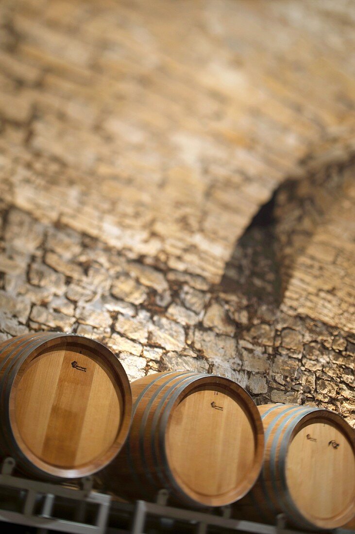 Wooden barrels in a natural stone arched cellar, Aargau