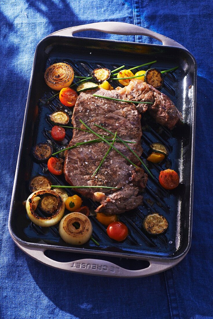 Grilled loin steak with vegetables