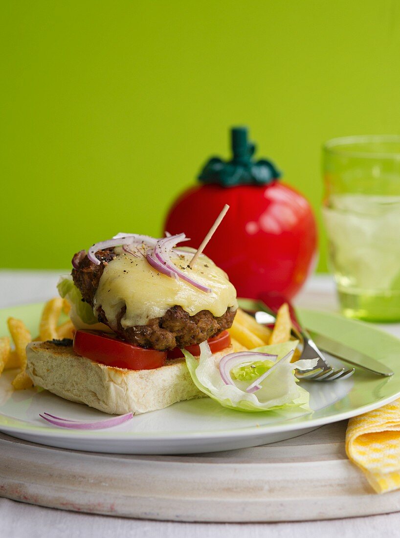 Cheeseburger with onion and tomato