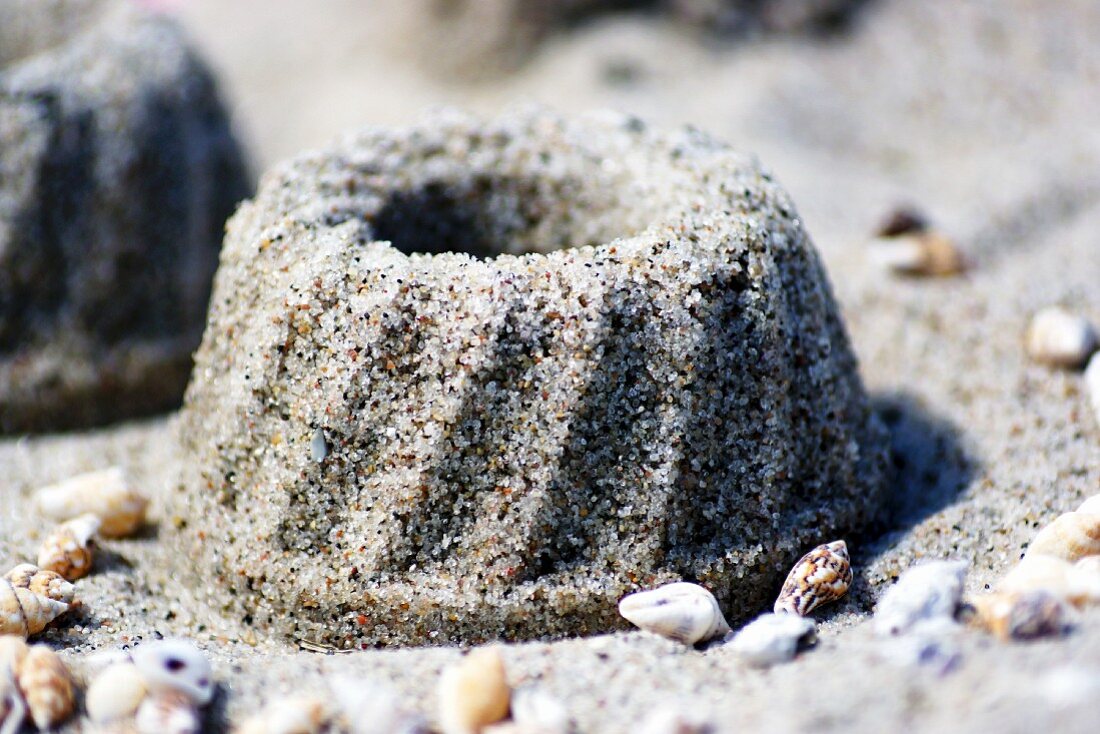 Bundt cake made of sand and seashells on beach
