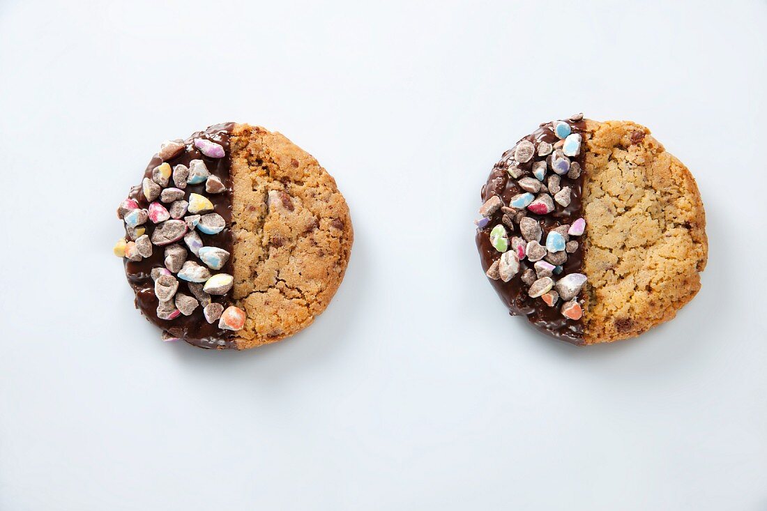 Biscuits decorated with chopped chocolate beans