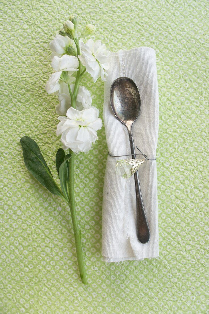 Matthiola and a napkin with a silver spoon