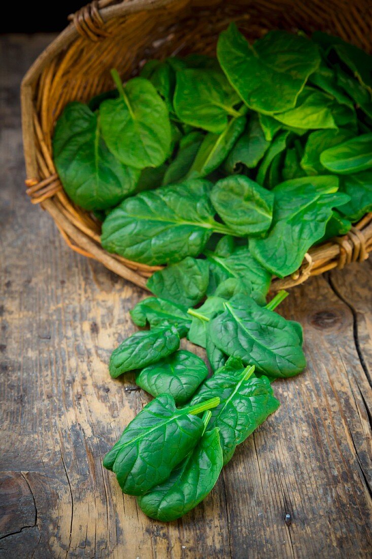 Organic baby spinach in a basket and in front of it