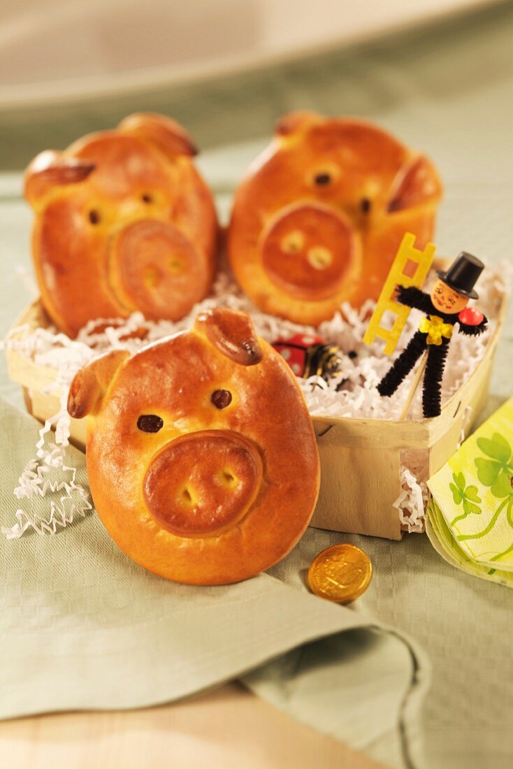 Lucky pigs made from bread dough for New Year's Eve