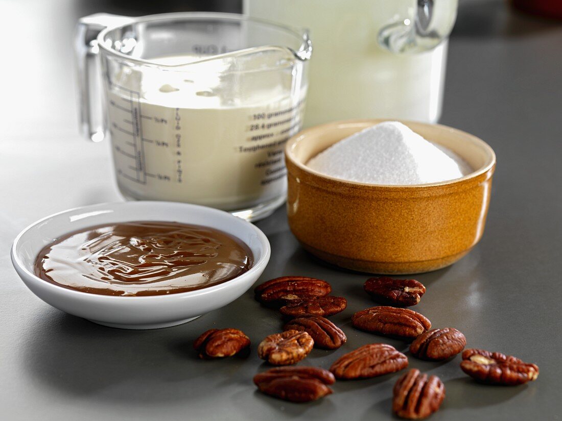 Ingredients for making nougat ice cream with roasted pecan nuts