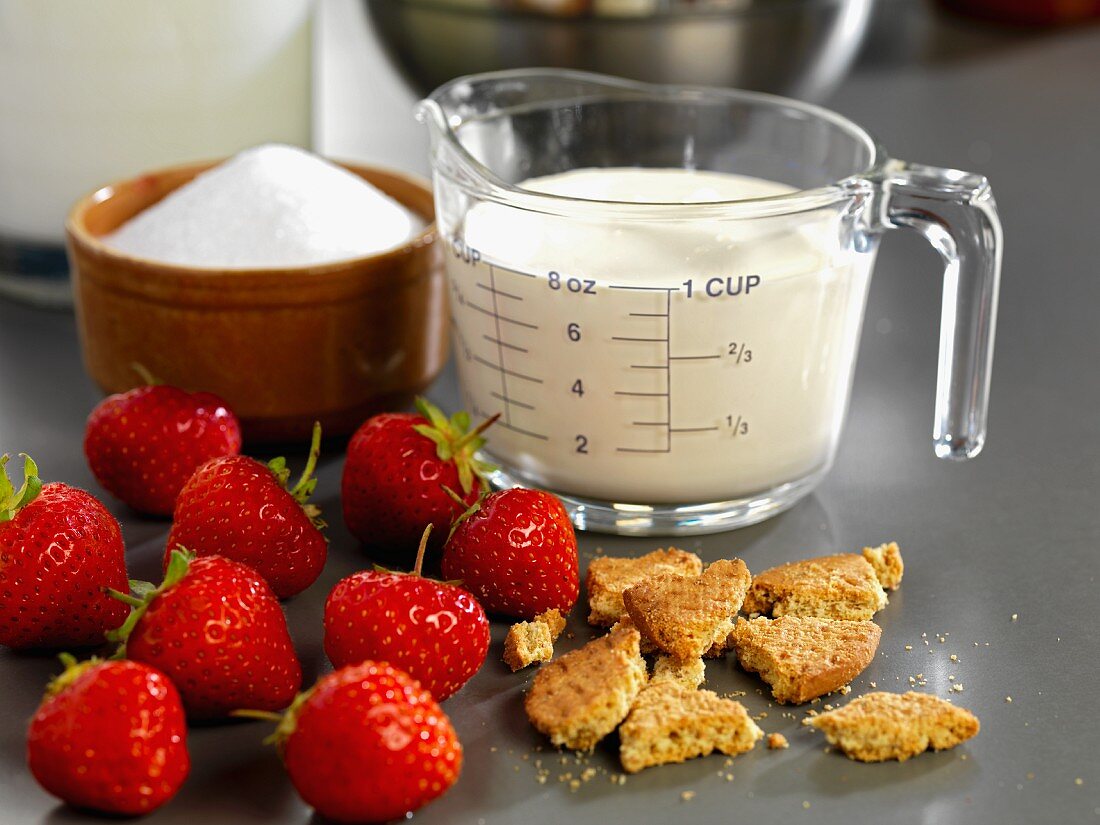 Ingredients for strawberry cookie ice cream