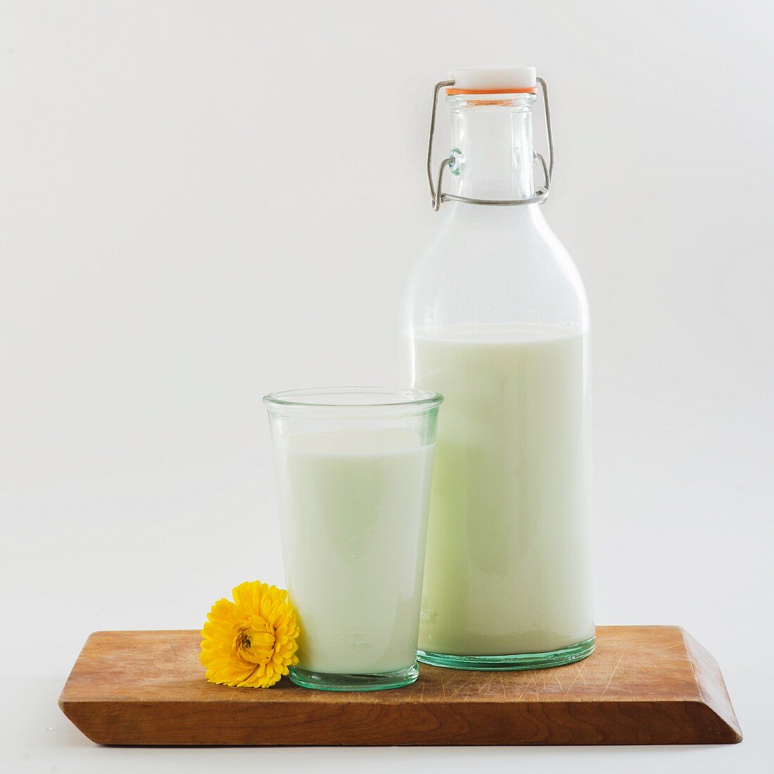 Organic milk in a bottle and in a glass