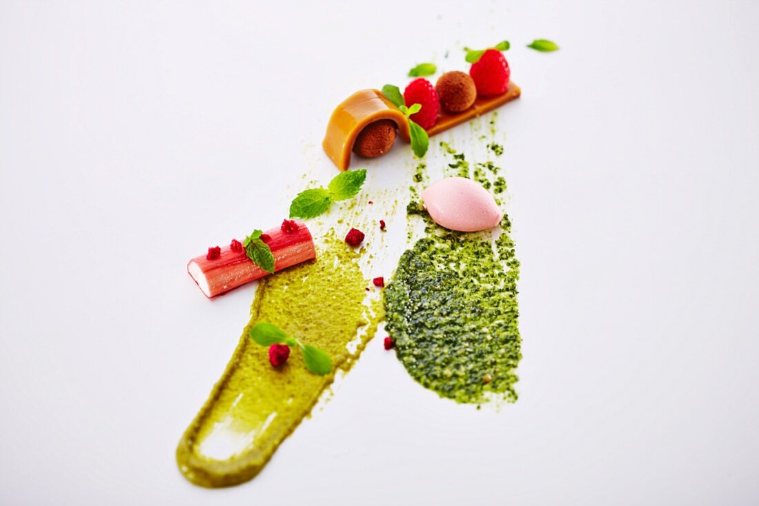 Rhubarb with pistachio cream and rhubarb ice cream