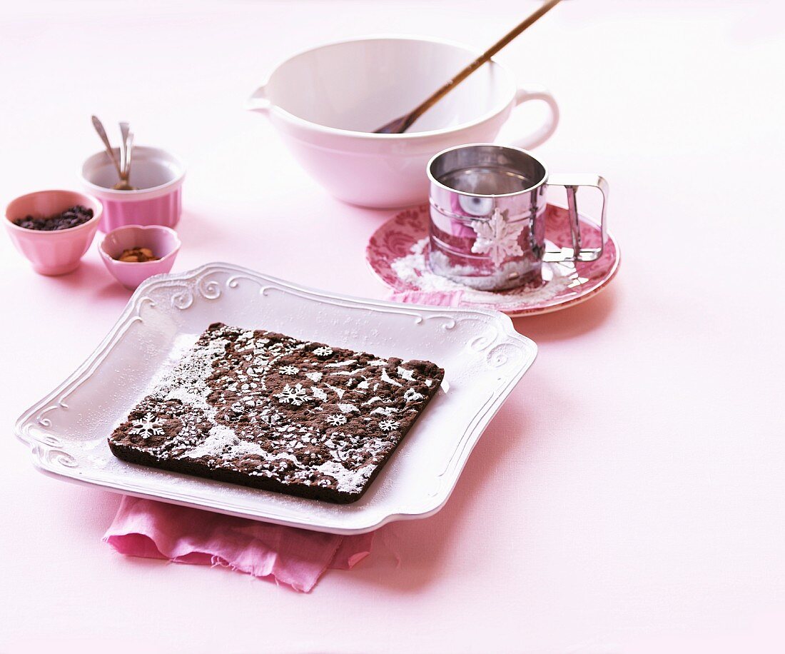 Chocolate shortbread for Christmas on a pastel-pink plate