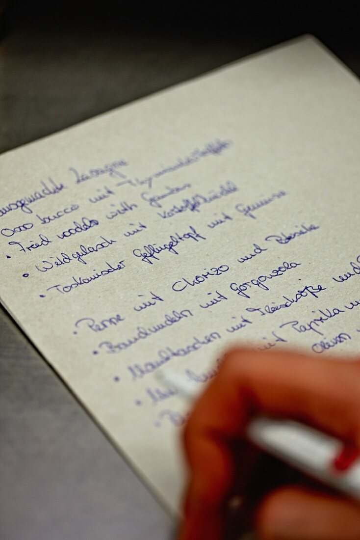 A hand-written menu
