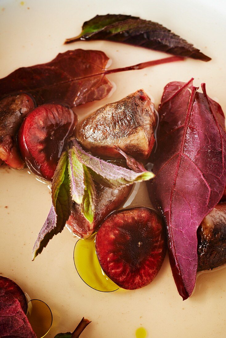Roasted pigeon hearts with cherries