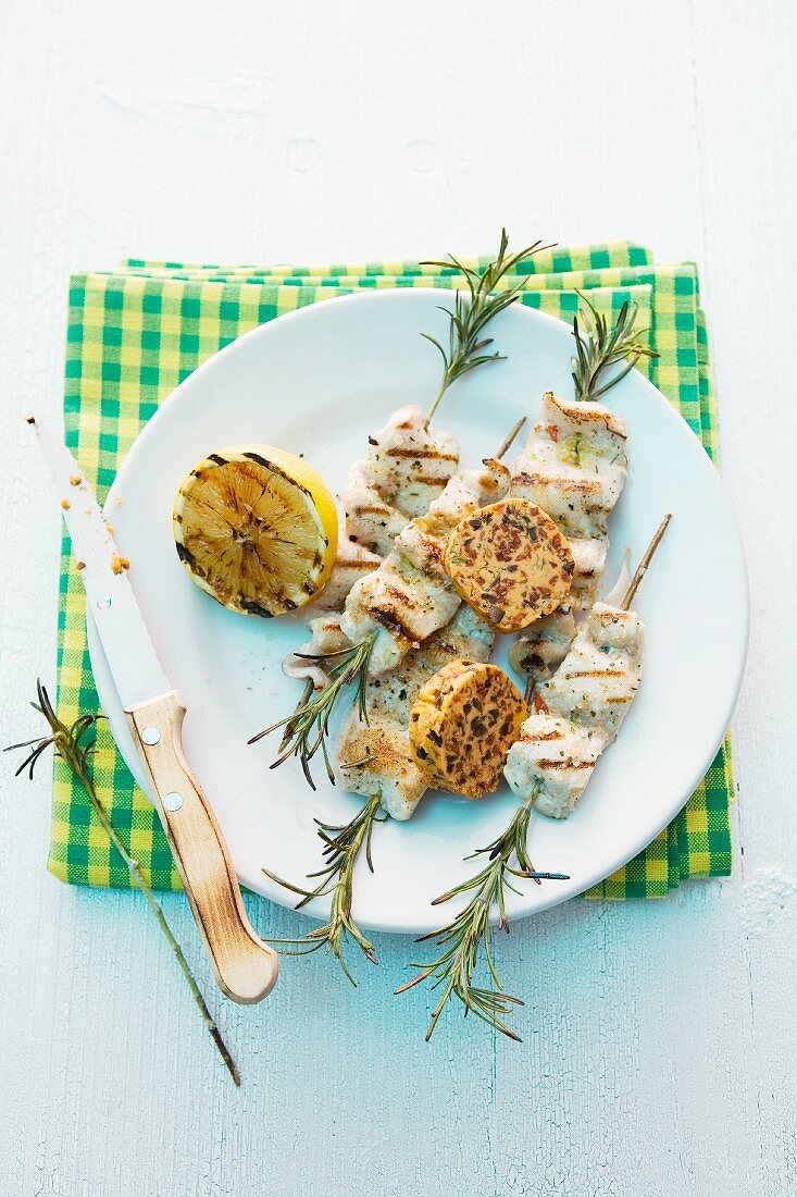 Grilled rabbit skewers with rosemary