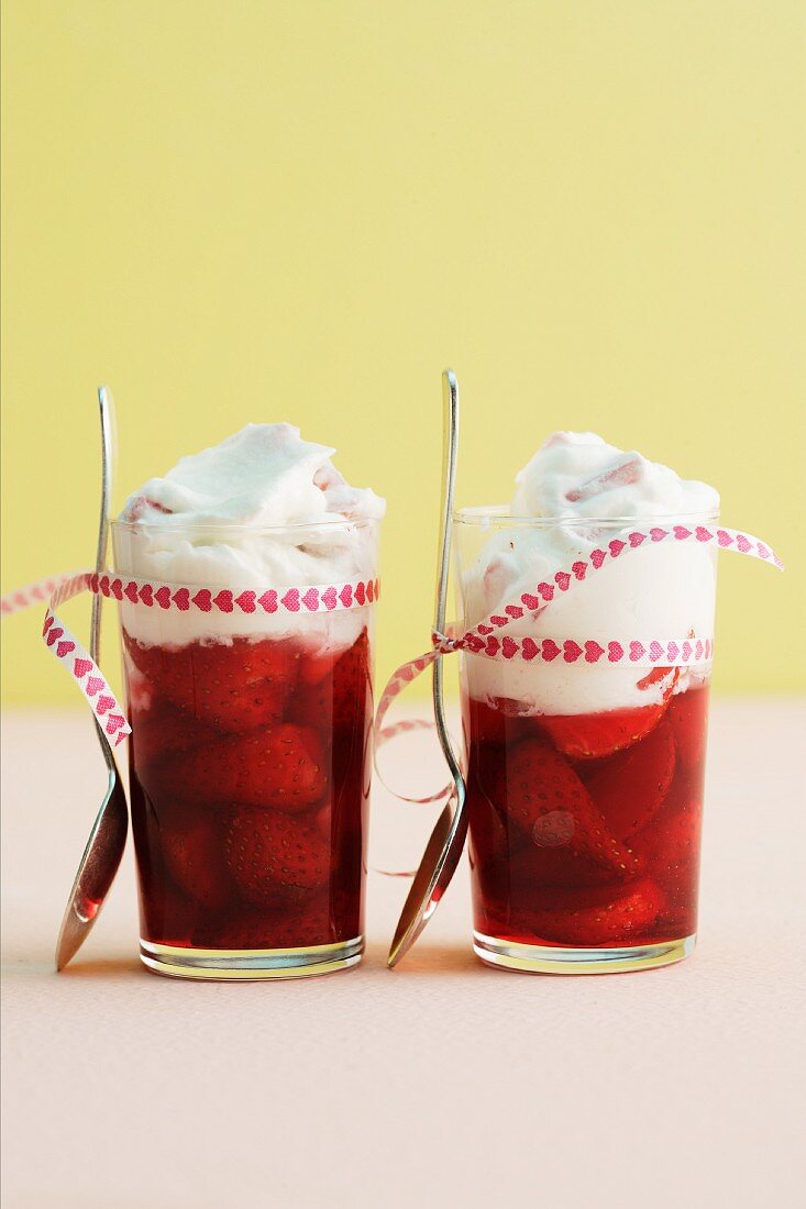 Strawberry jelly topped with rhubarb cream yogurt