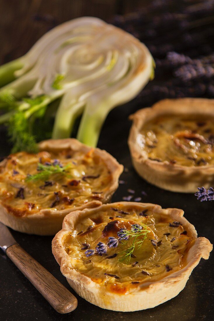 Mini quiches with lavender flowers and fennel