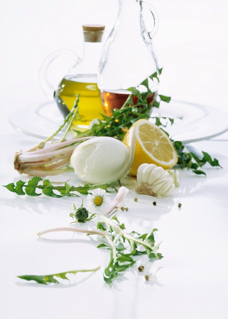 Ingredients for dandelion salad with vinaigrette