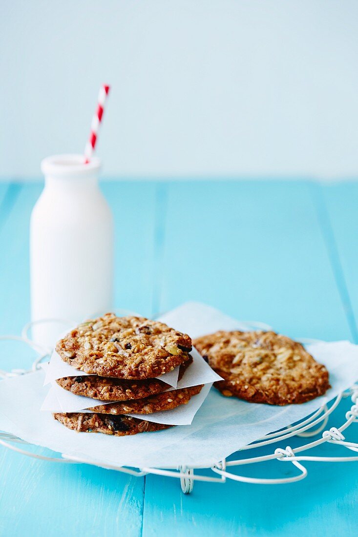 Muesli biscuits and a bottle of milk