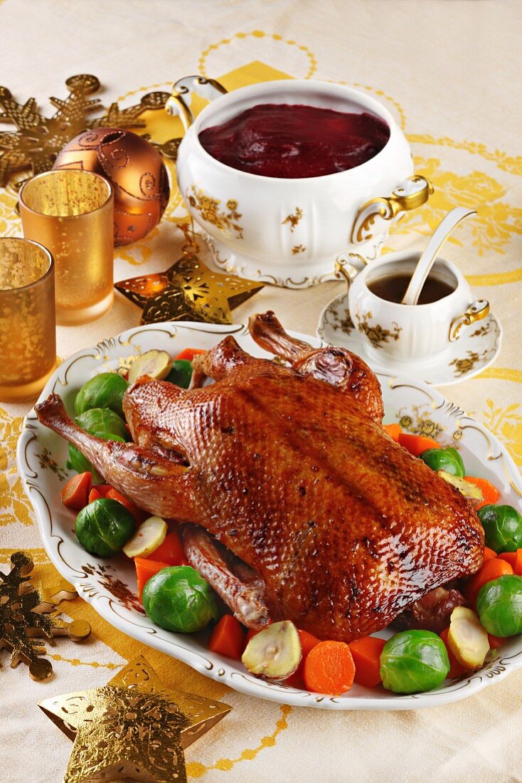 Christmas goose with Brussels sprouts and carrots