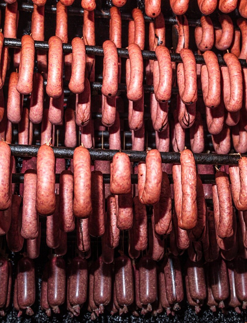 Sausages hanging in a smoking chamber