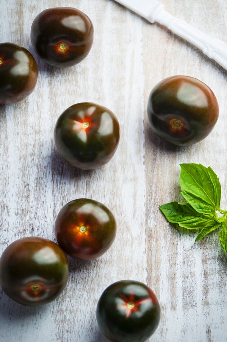 Sieben braune Tomaten von oben mit frischem Basilikum