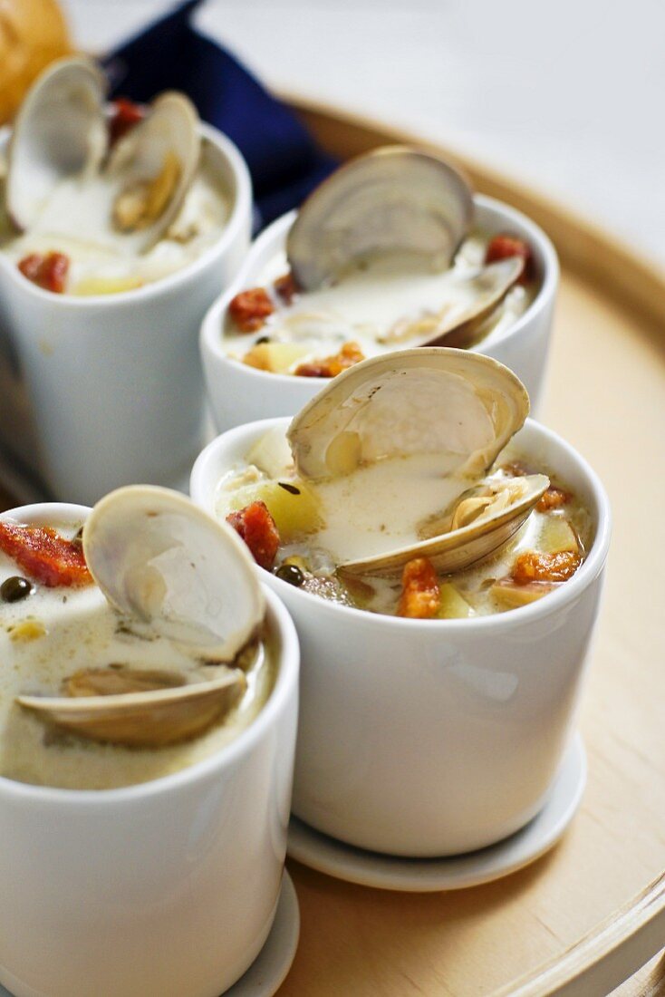 Clam chowder in soup bowls