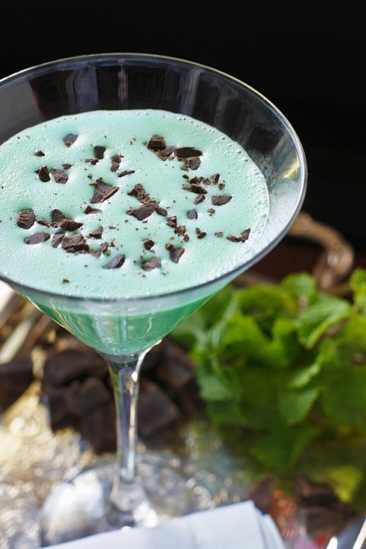 A mint cocktail with grated chocolate
