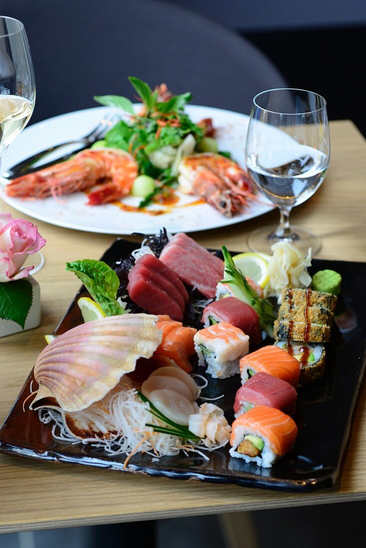 Sashimi on a sushi platter in a restaurant