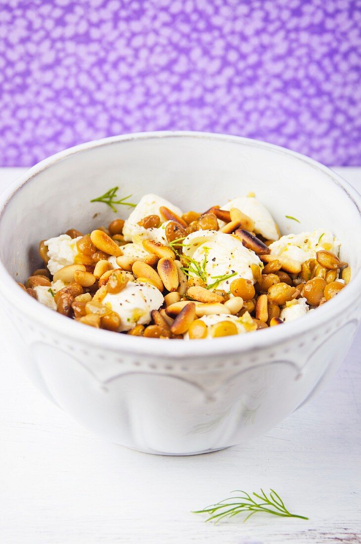 Linsensalat mit Mozzarella, Zitronen-Dill-Vinaigrette und Pinienkernen