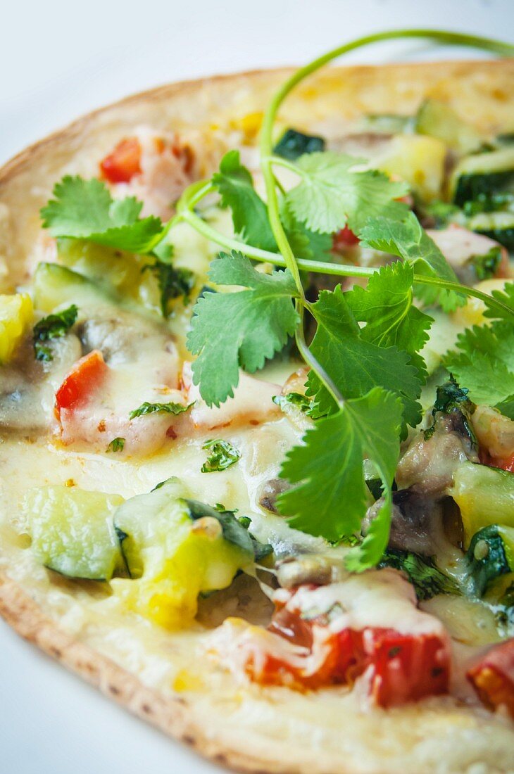 A tortilla pizza with vegetables and coriander (Mexico)