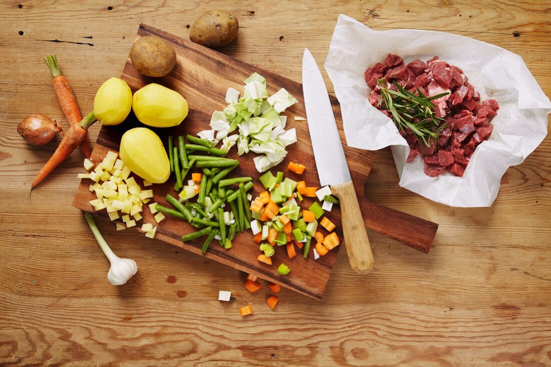Ingredients for lamb stew with potatoes and beans