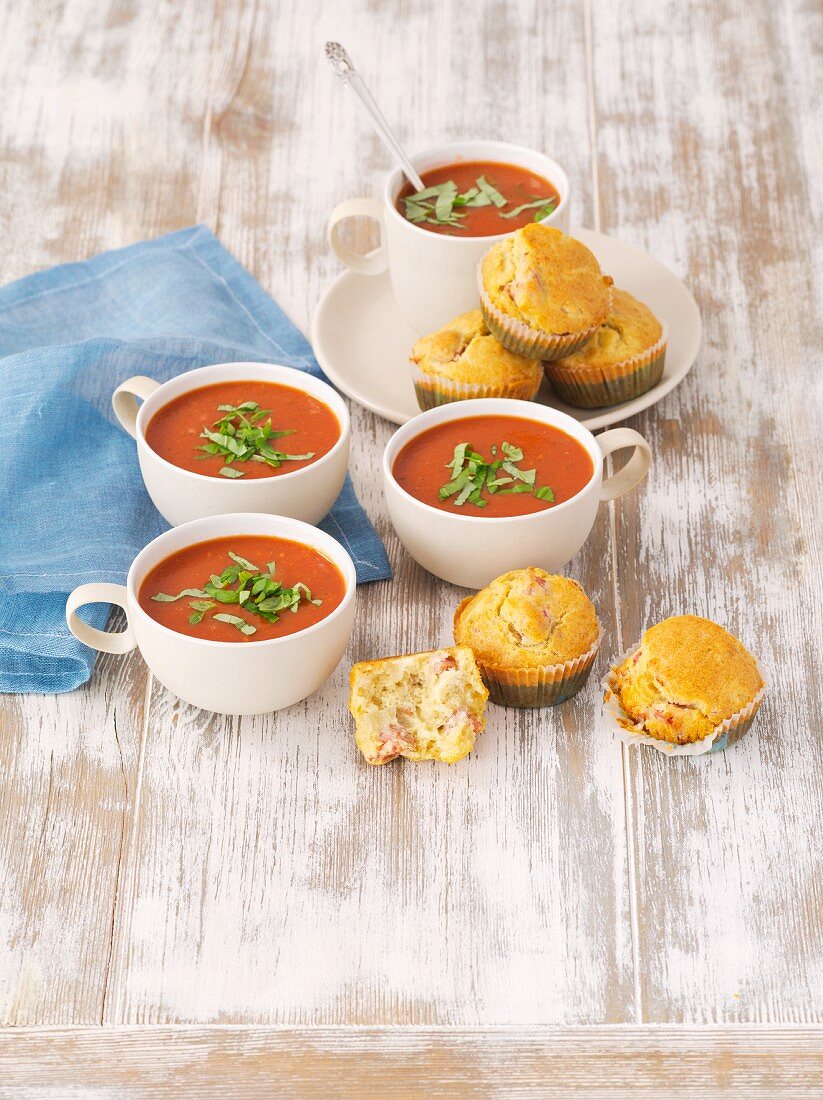 Cream of tomato soup with sausage muffins