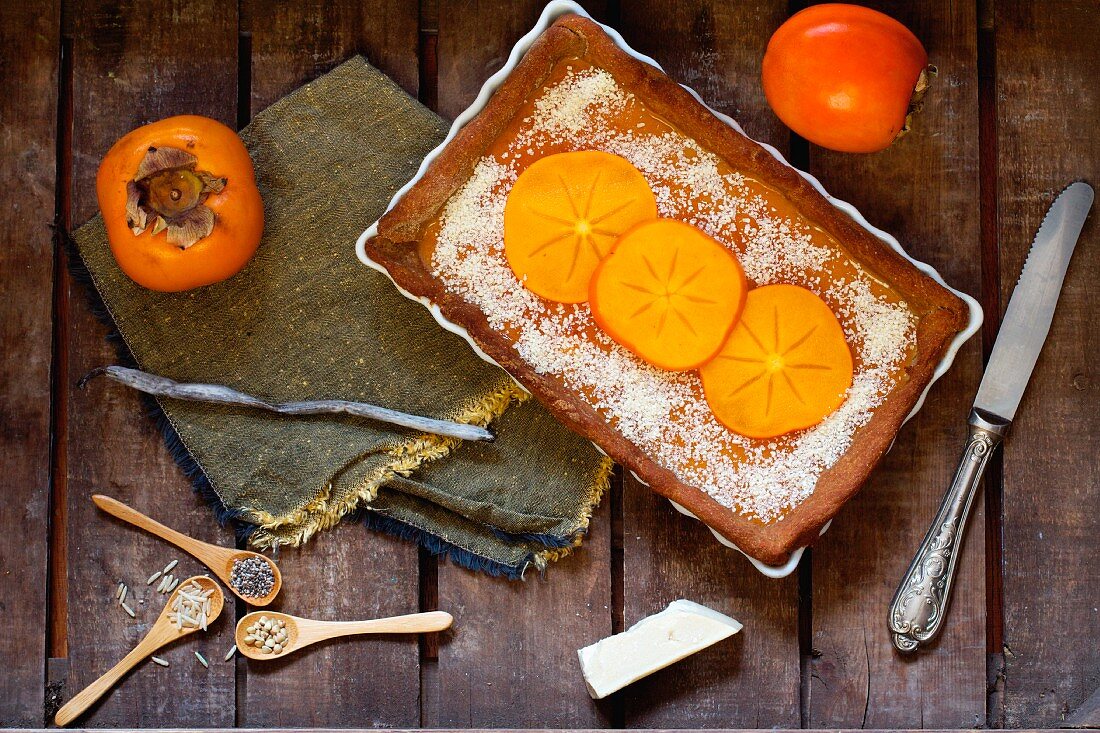 Persimmon and vanilla cream tart with cocoa butter