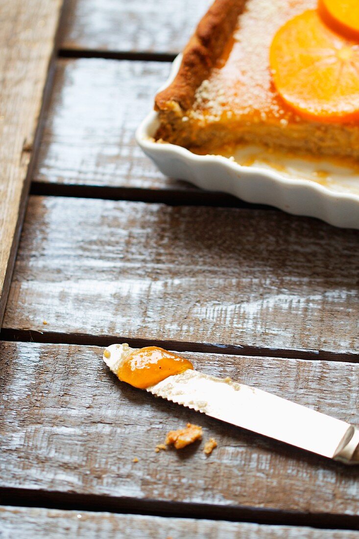 Persimmon and vanilla cream tart with cocoa butter