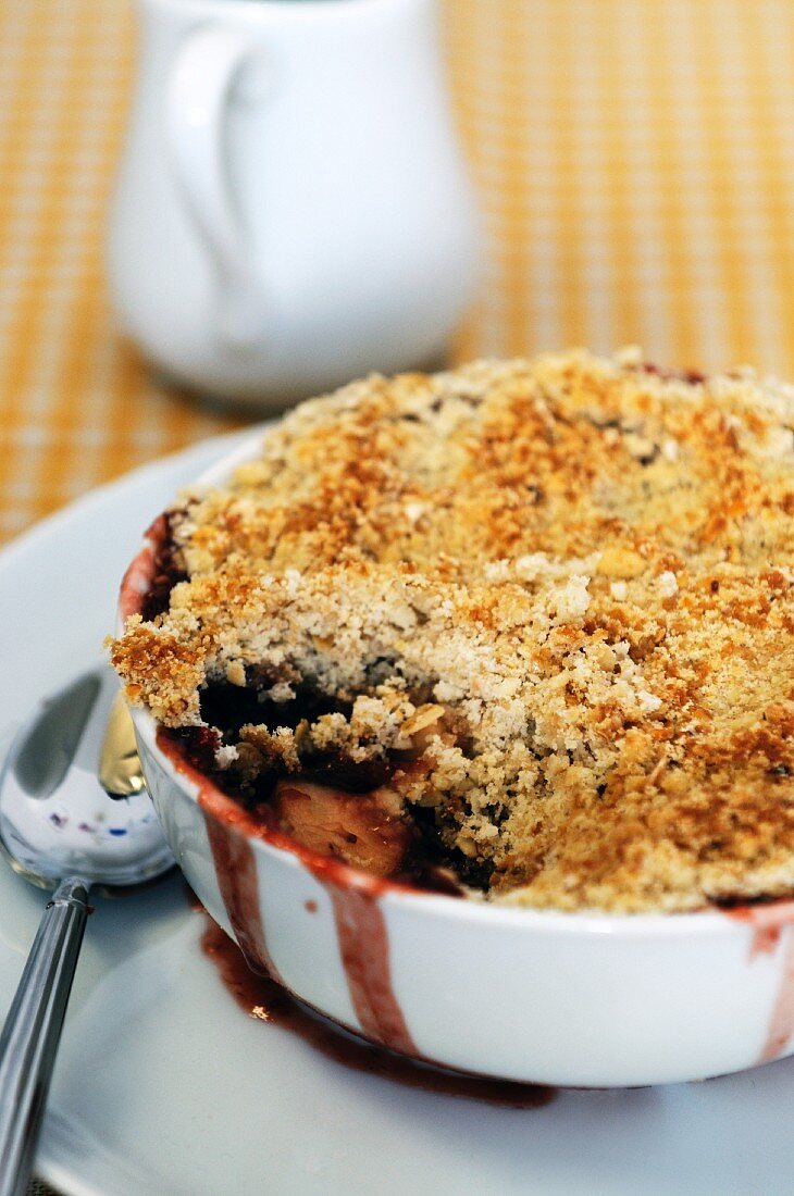 Rhubarb and apple crumble in a baking dish