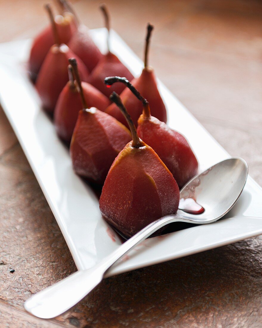 Poached pears in a red wine sauce