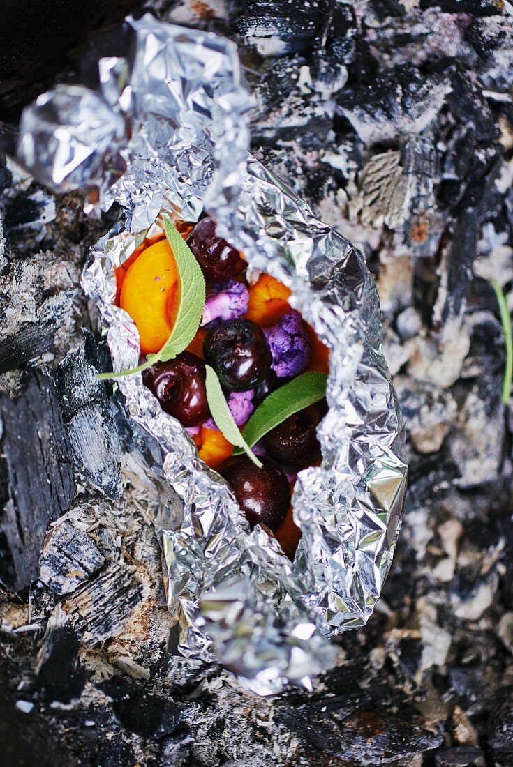 Grilled fruit wrapped in tin foil