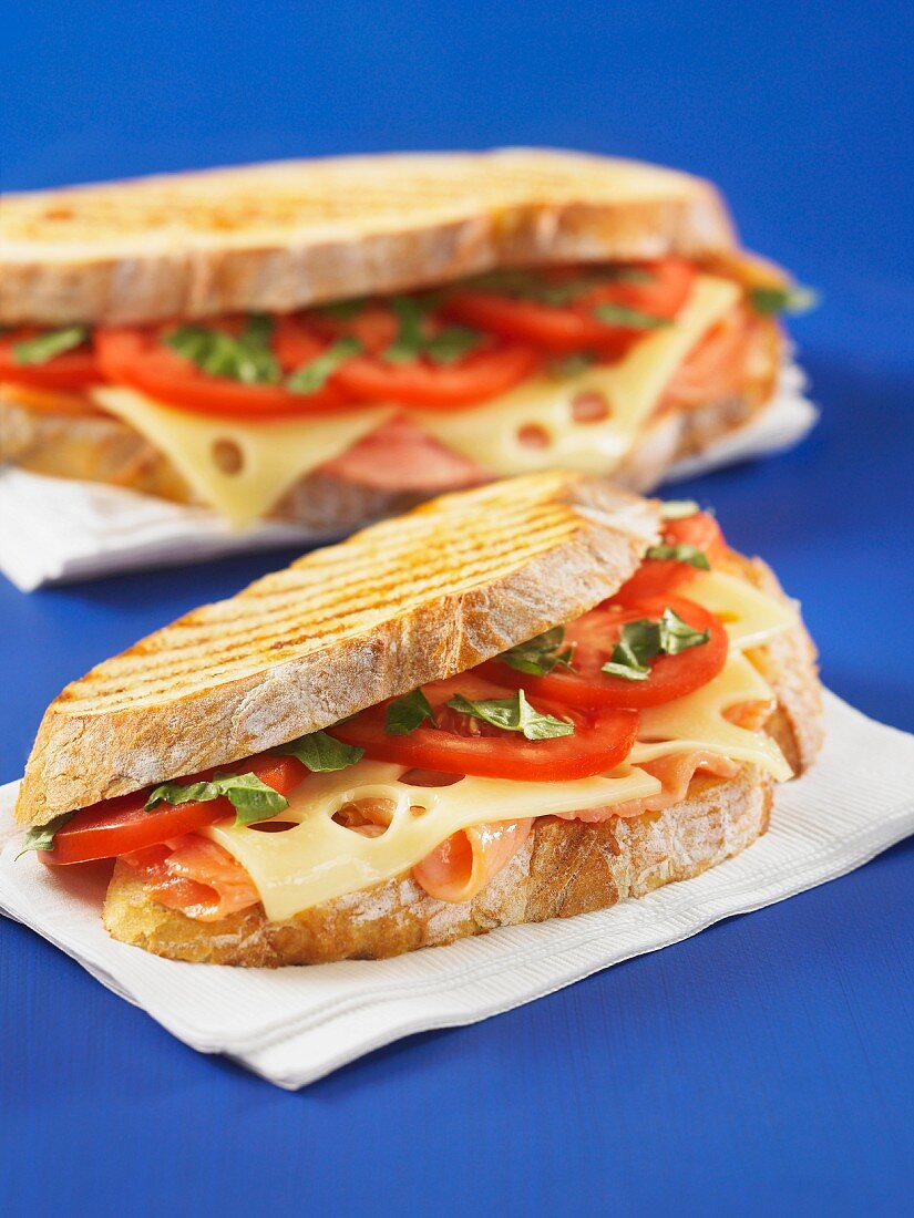 A toasted sandwich with salmon, Gruyere and tomatoes