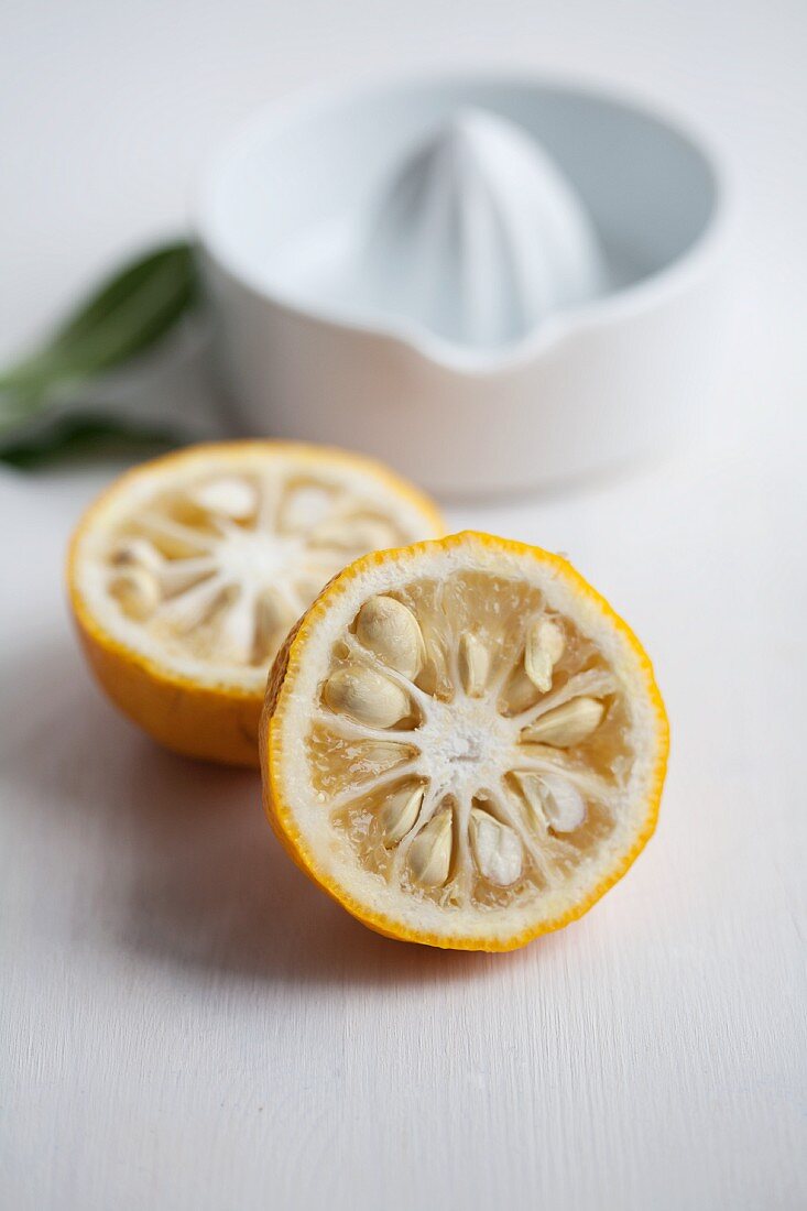 A halved yuzu in front of a juicer