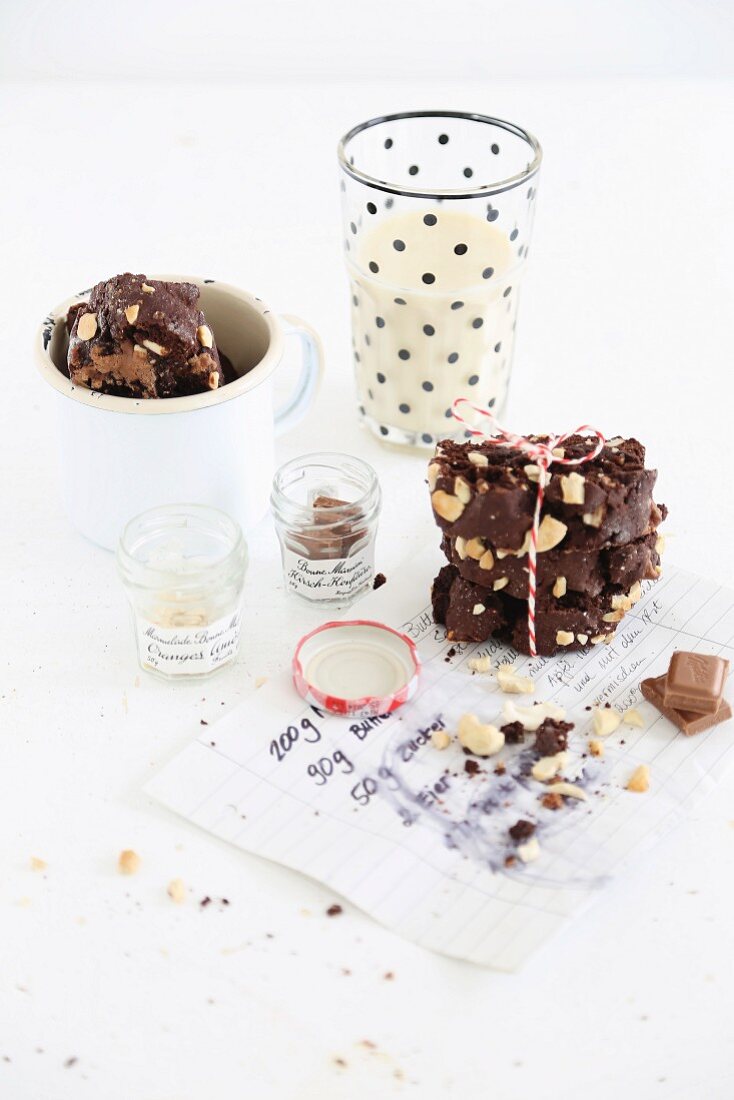 Biscotti with cashew nuts and milk chocolate served with a glass of milk