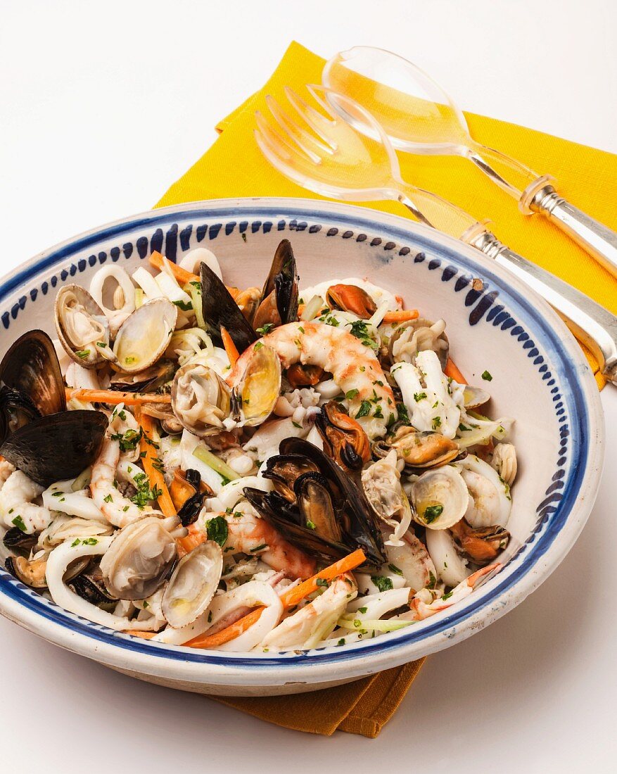 Seafood salad with mussels, prawns, clams and squid