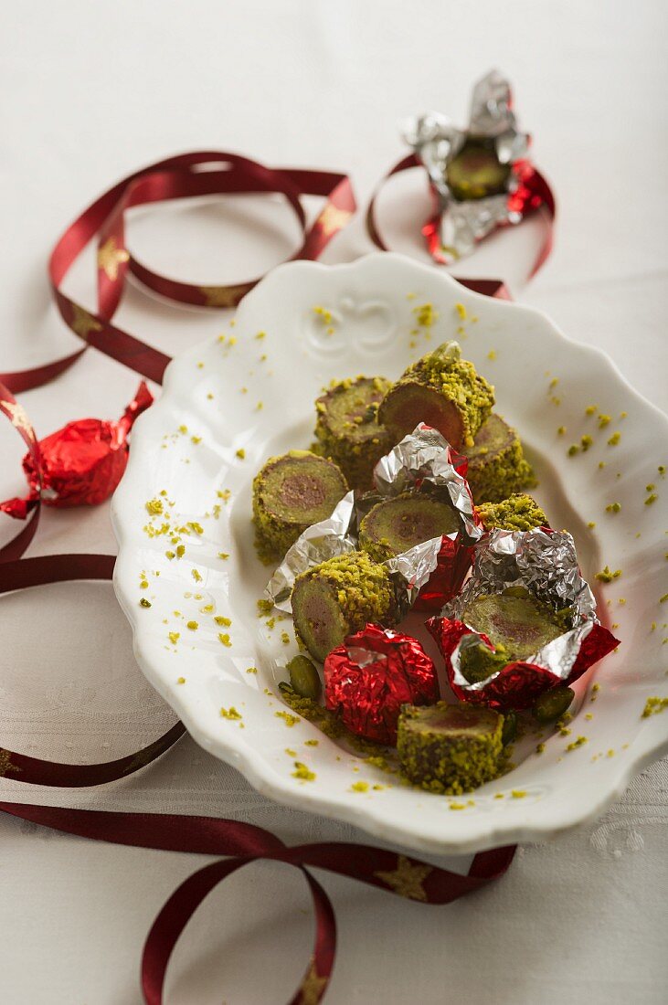 Christmas confectionery made with marzipan and pistachios nuts