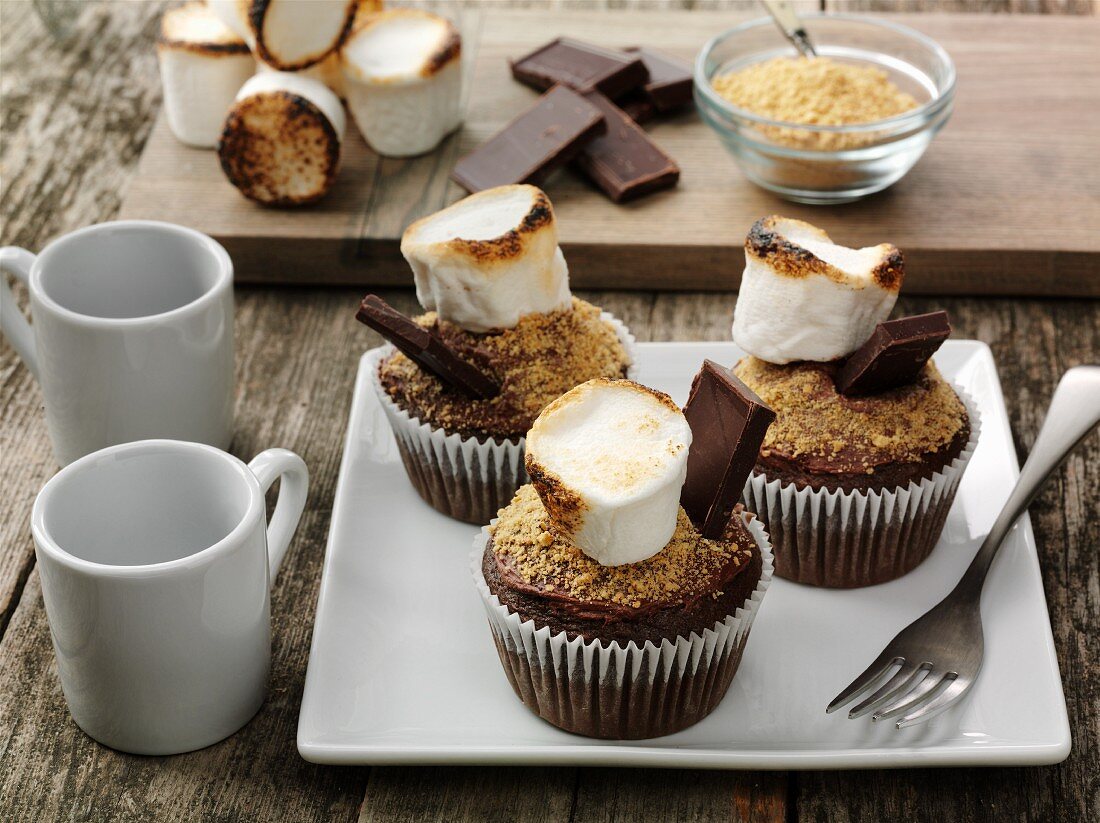 Chocolate cupcakes decorated with smores on a square plate
