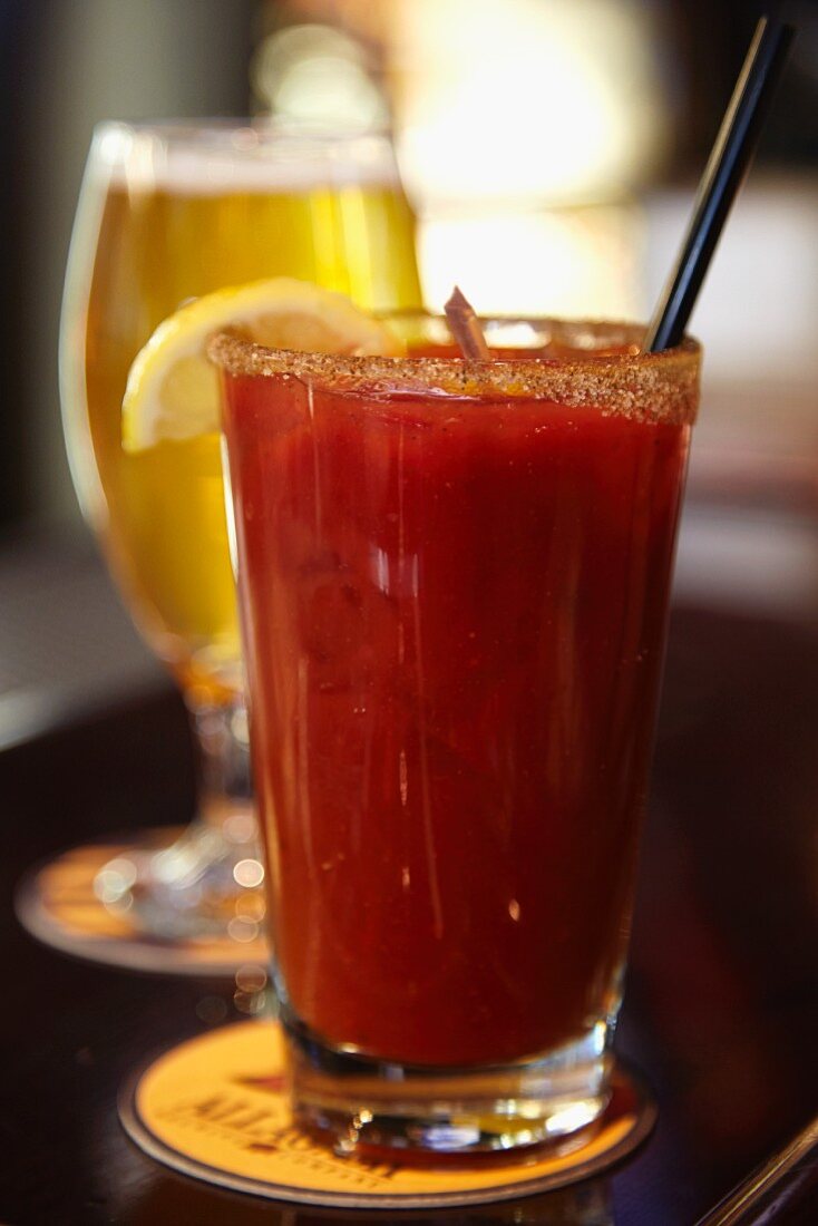 A Bloody Mary and a glass of beer