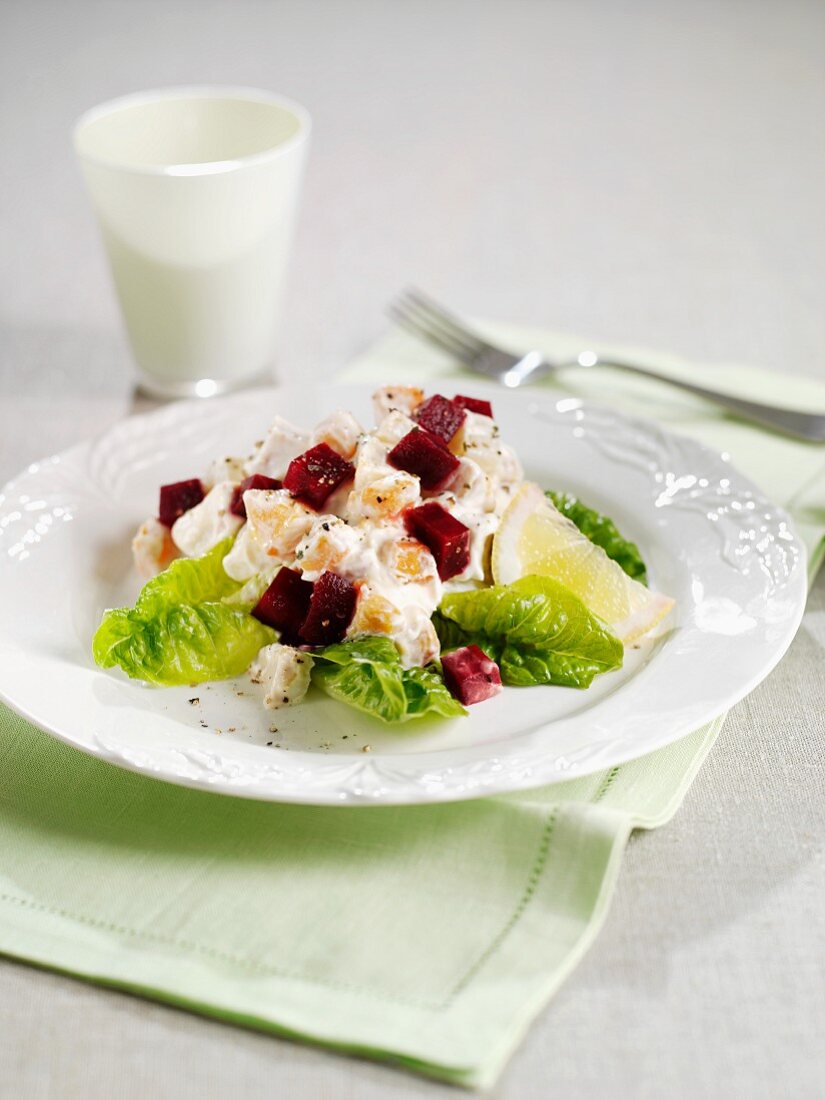 Chicken salad with turnips and beetroot