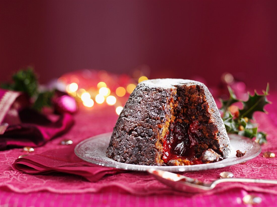 Christmas pudding, with a slice removed