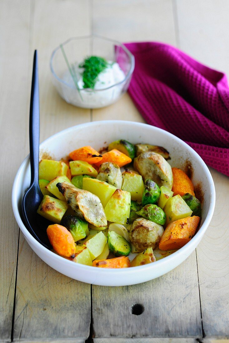 Oven-roasted vegetables with Jerusalem artichokes and Brussels sprouts