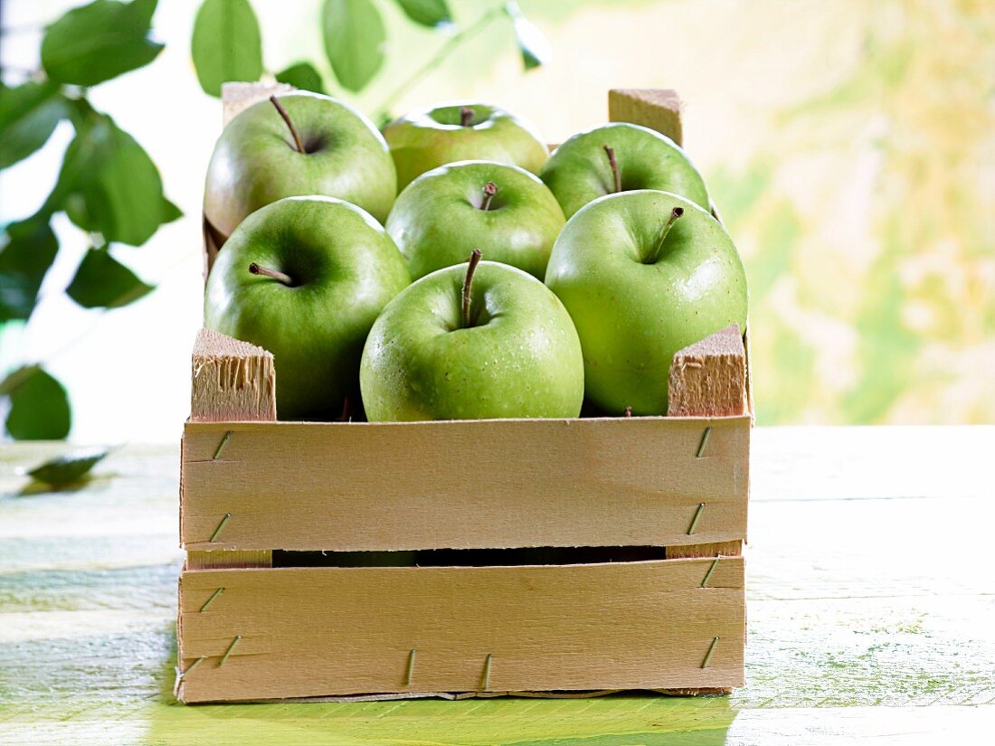 A crate of Granny Smith apples