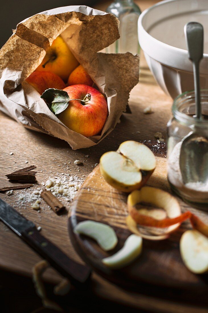 Apples and various baking ingredients