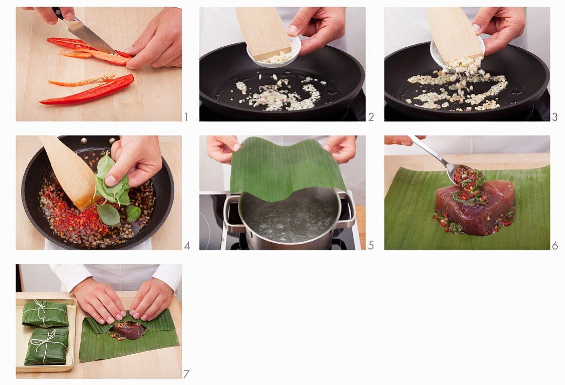 Tuna in banana leaves being made (Vietnam)